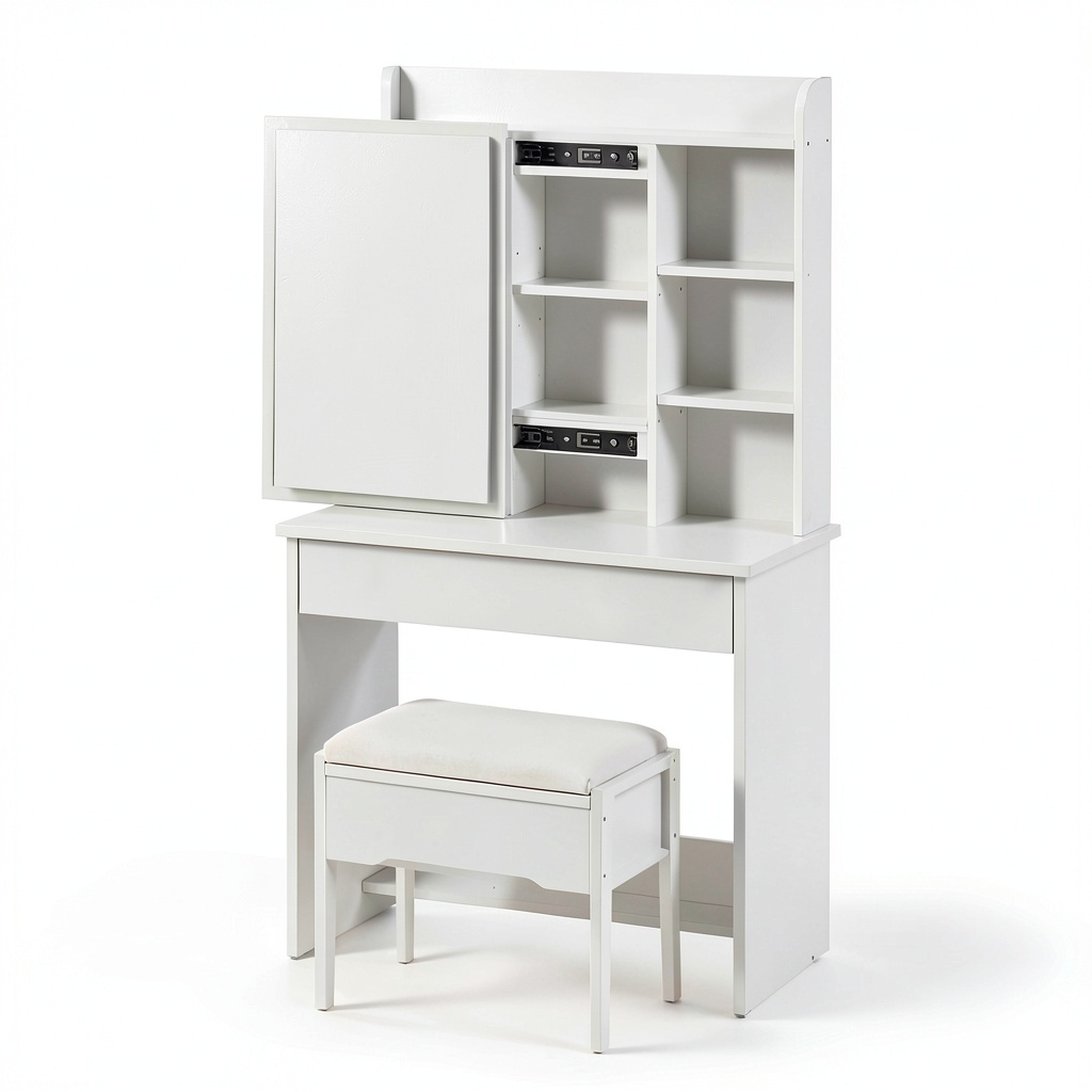 Tavolo da Trucco Moderno con Specchio e Sgabello, 1 Cassetto e 7 Ripiani, per Camera da Letto, 40 x 60 x 130 cm