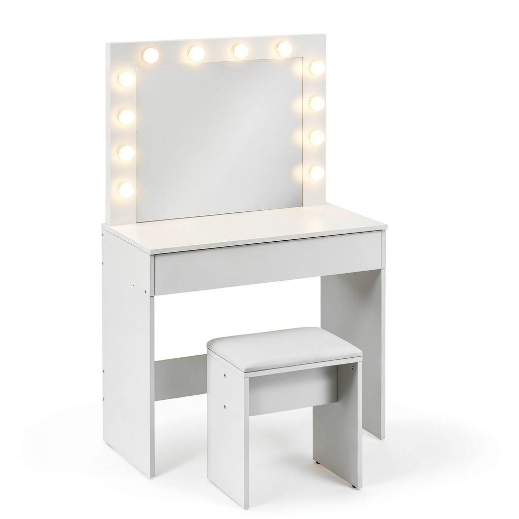 Tavolo Trucco con Specchio LED e Sgabello, Bianco