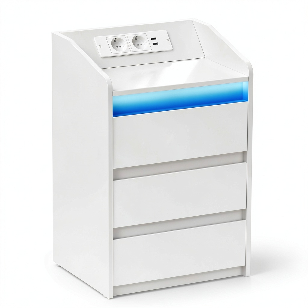 Set di 2 Comodini Hzuaneri con 3 Cassetti e Stazione di Ricarica LED, Prese CA e Porte USB, Bianco