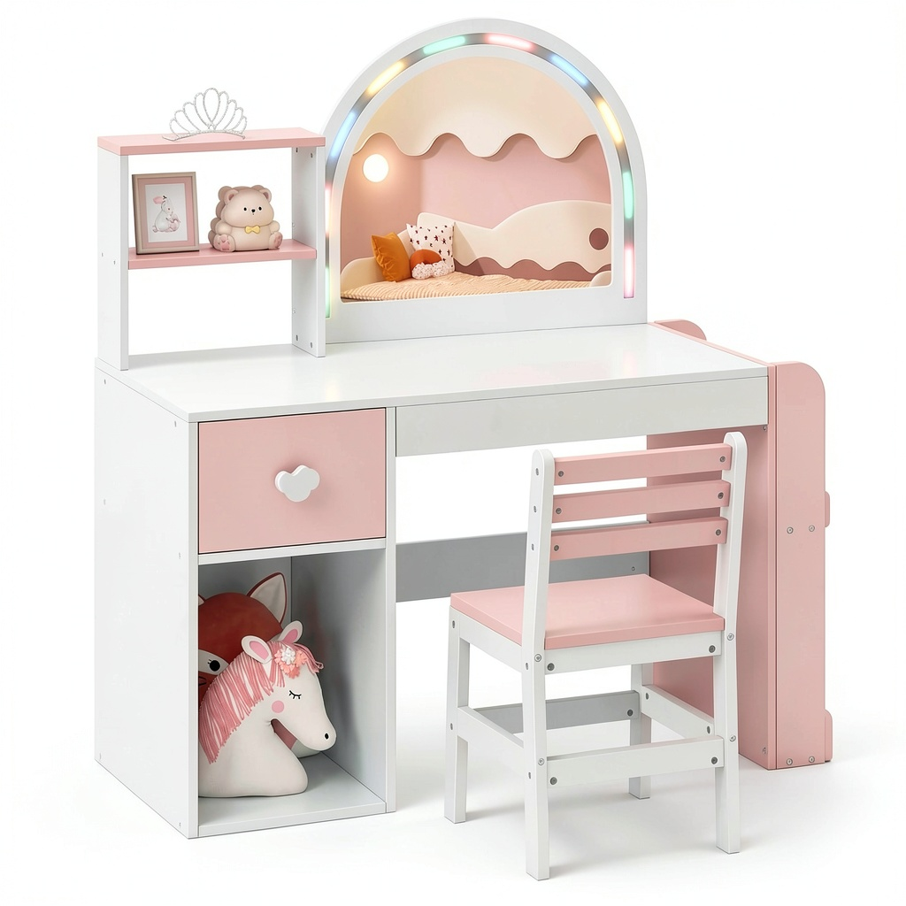 Set Toeletta per Bambina con Specchio e Libreria, Luce LED Colorata, 3+ Anni (Bianco)