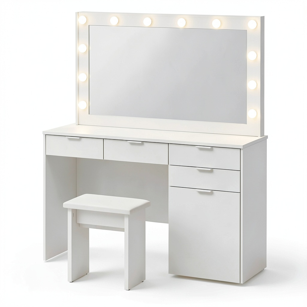 Tavolo da Trucco Bianco con Specchio LED e Sgabello, 3 Modalità di Illuminazione, 4 Cassetti e Armadio, 40x105x140 cm