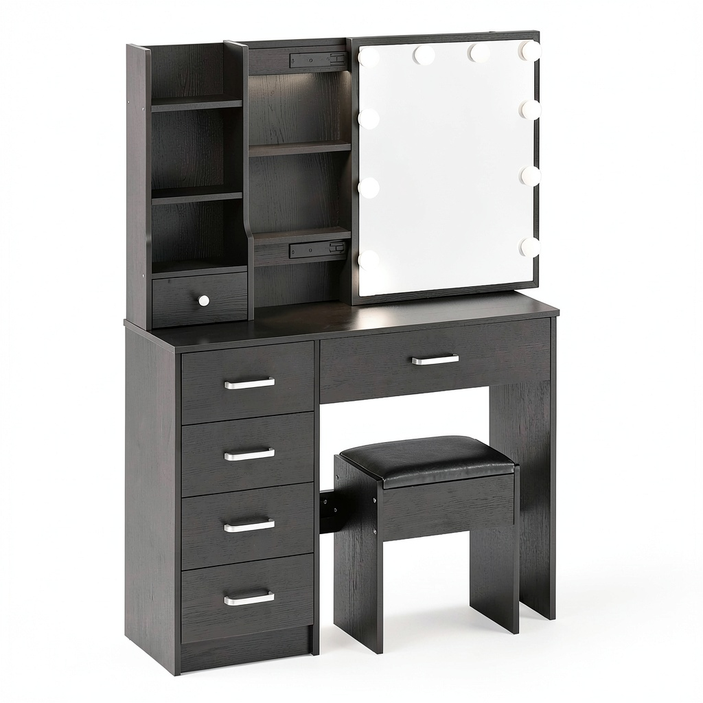 Set Toeletta con Specchio Illuminato e Sgabello, 3 Temperature di Colore, Regolazione Luminosità, 36x80x131 cm, Nero