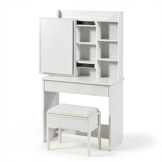 Tavolo da Trucco Moderno con Specchio e Sgabello, 1 Cassetto e 7 Ripiani, per Camera da Letto, 40 x 60 x 130 cm