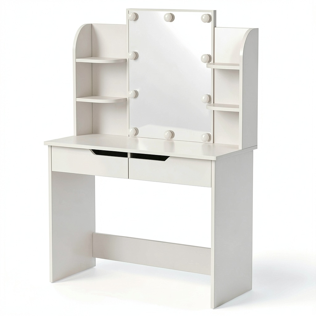 Tavolo da Trucco Beatrice con Specchio LED e Spazioso Stoccaggio in Legno Bianco