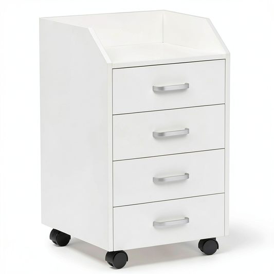 Vinsetto Cassettiera da Ufficio con 4 Cassetti e Ruote Frenabili, Mobiletto Salvaspazio sotto Scrivania, 40x36x65 cm, Bianco
