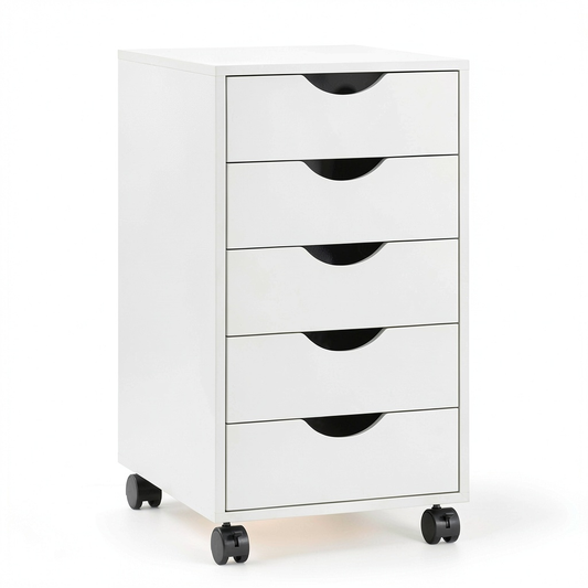 Mobile da Ufficio con 5 Cassetti e Ruote Frenanti, Armadietto Verticale per Documenti A4, 40x40x67 cm, Bianco