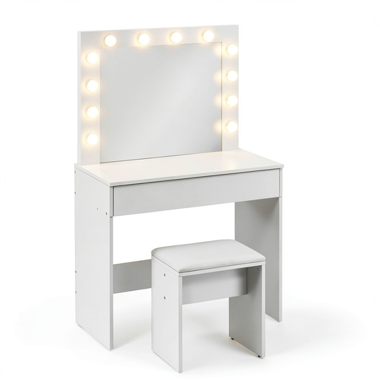 Tavolo Trucco con Specchio LED e Sgabello, Bianco