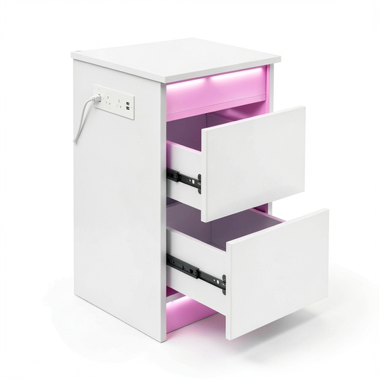 Coppia di Comodini Moderni con Prese e LED RGB, 2 Cassetti Laccati e Telecomando, Bianco 35cm