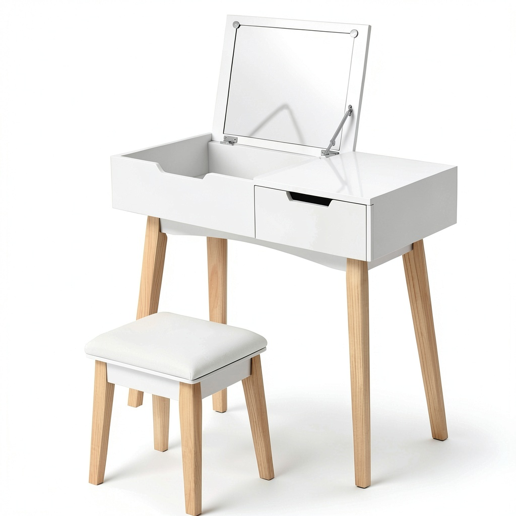 Set Toeletta Moderno con Specchio Pieghevole e Sgabello Imbottito, Bianco