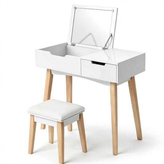 Set Toeletta Moderno con Specchio Pieghevole e Sgabello Imbottito, Bianco
