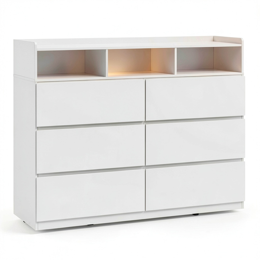 WOLTU Mobiletto con 6 Cassetti e Ripiani Aperti, Salvaspazio in Legno, 120x40x100 cm, per Casa e Ufficio, Bianco