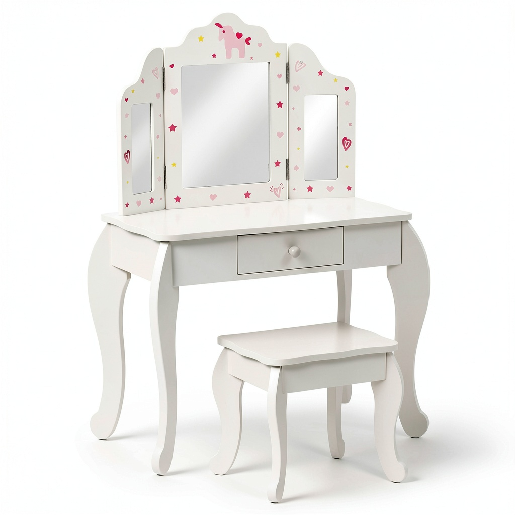 Tavolo da Trucco per Bambini 2 in 1 con Sgabello e Specchio Triplo, Bianca e Rosa
