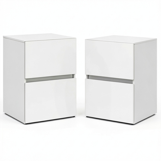 Comodini in Legno Lucido con 2 Cassetti, Bianco, Moderne Cassettiera Salvaspazio 40x40x58cm