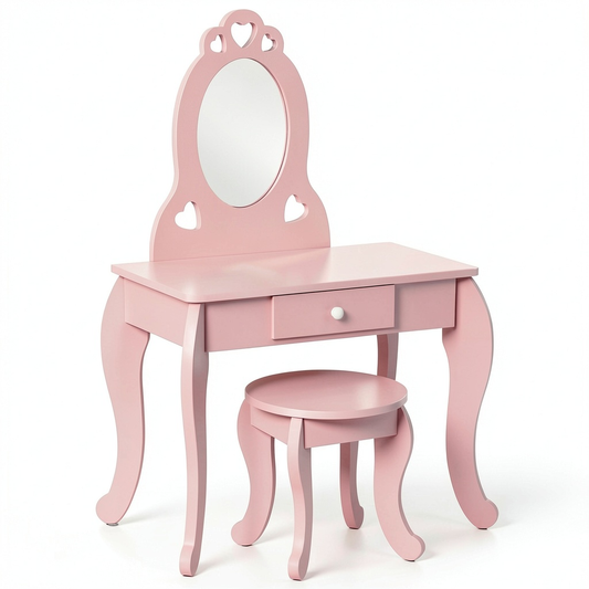 Set Toeletta per Bambini in Legno Rosa con Sgabello e Specchio