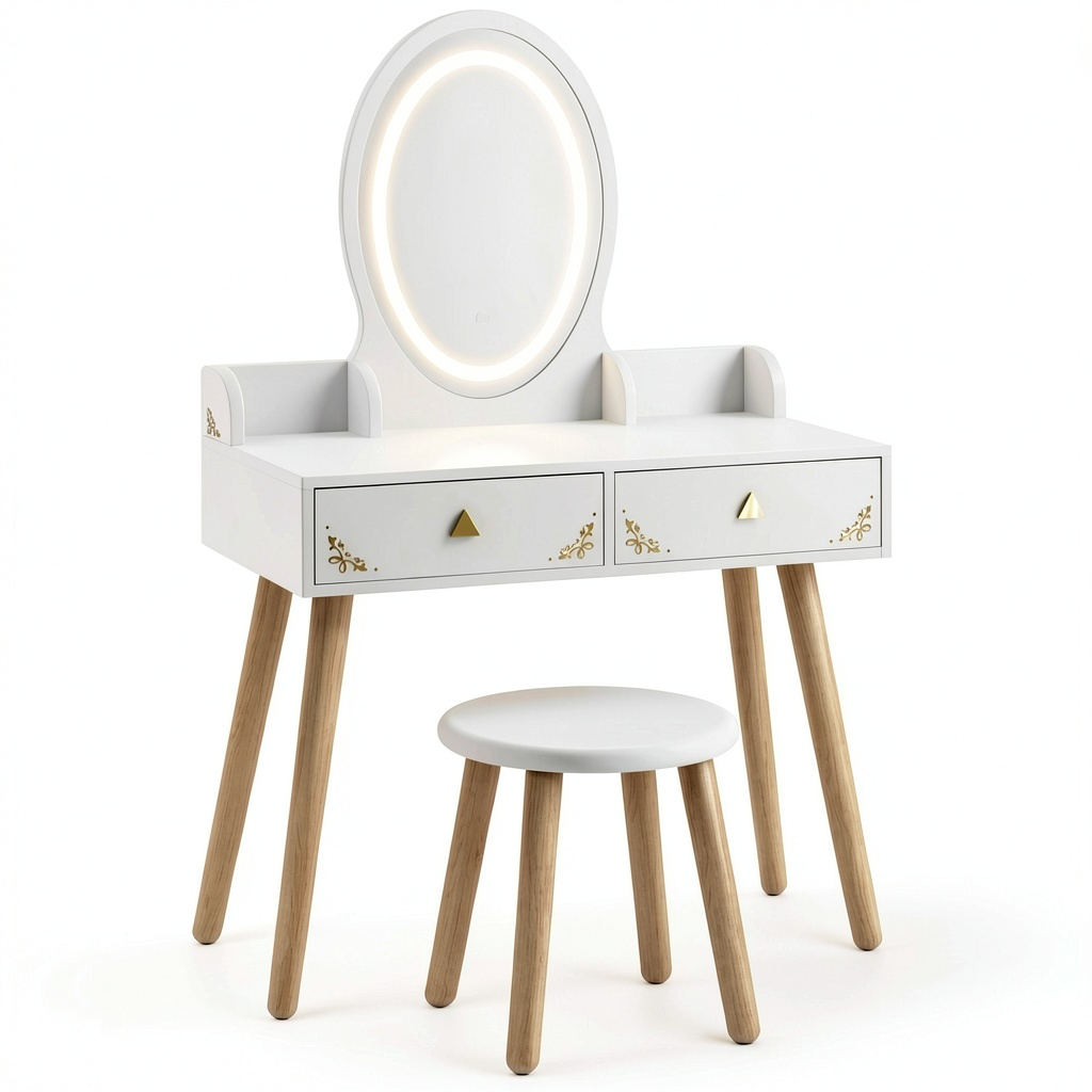 Tavolo Trucco Bambini con Specchio LED e Sgabello, 2 Cassetti e Scatole, Bianco