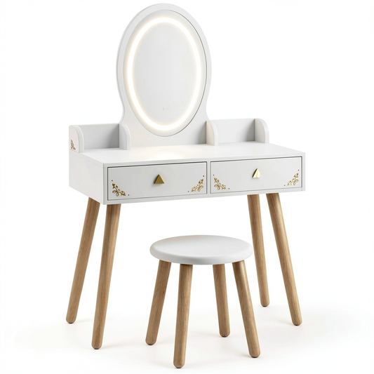 Tavolo Trucco Bambini con Specchio LED e Sgabello, 2 Cassetti e Scatole, Bianco