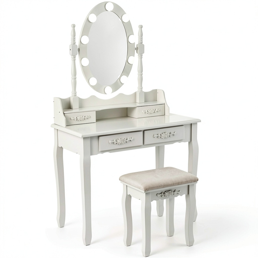 Tavolo Toeletta con Specchio LED e Sgabello, 4 Cassetti, Specchio 360°, Bianco, 75x40x145 cm