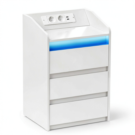 Set di 2 Comodini Hzuaneri con 3 Cassetti e Stazione di Ricarica LED, Prese CA e Porte USB, Bianco