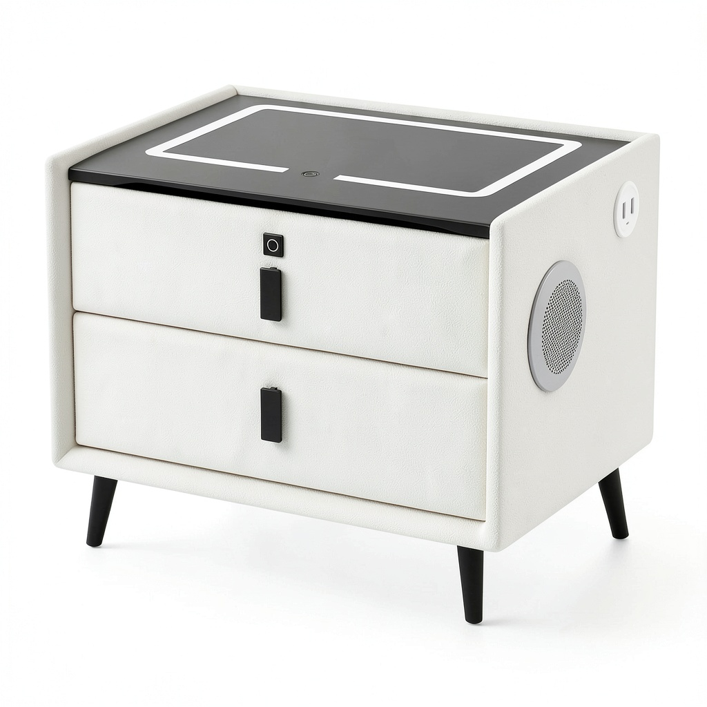 Comodino Bianco con Caricatore Wireless, LED, USB e Bluetooth