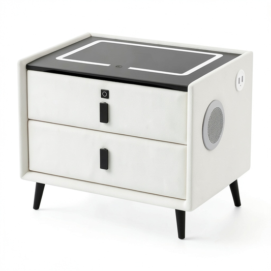 Comodino Bianco con Caricatore Wireless, LED, USB e Bluetooth