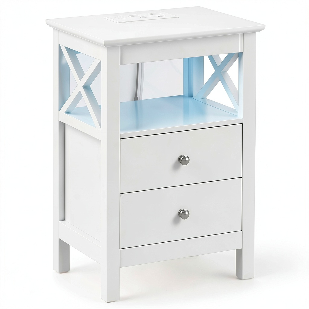 Comodino Moderno con Ricarica Wireless e LED Regolabili, 2 Cassetti