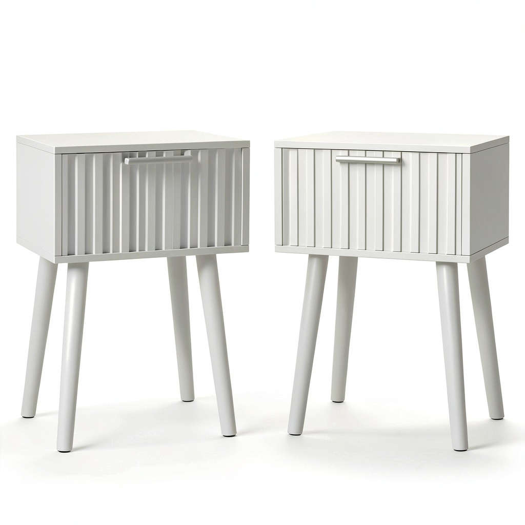 Set di 2 Comodini in Legno con Cassetti Decorativi e Gambe Robuste, Bianco