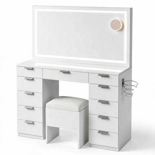 YITAHOME Tavolo da Trucco LED con Specchio Regolabile, 11 Cassetti, Bianco Moderno