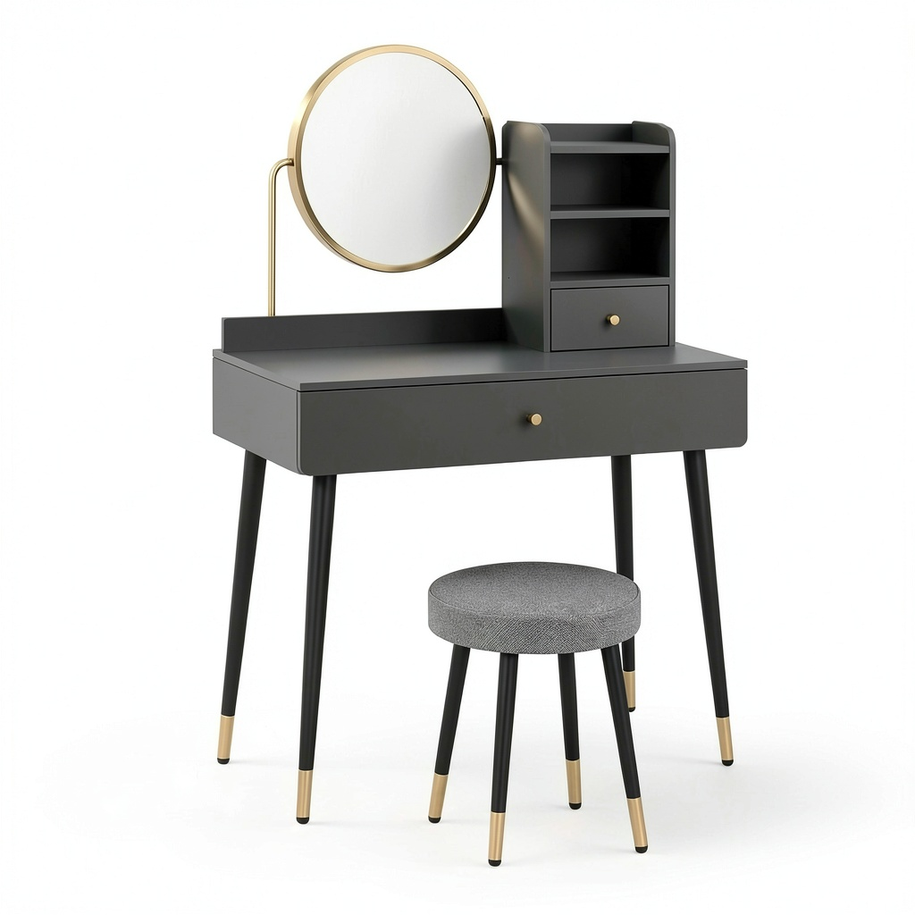 Tavolo da Trucco Mirela con Specchio LED e Sgabello, Grigio, 90 cm
