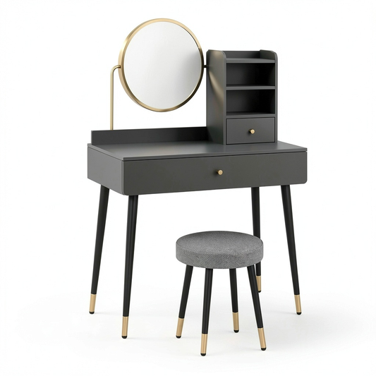 Tavolo da Trucco Mirela con Specchio LED e Sgabello, Grigio, 90 cm