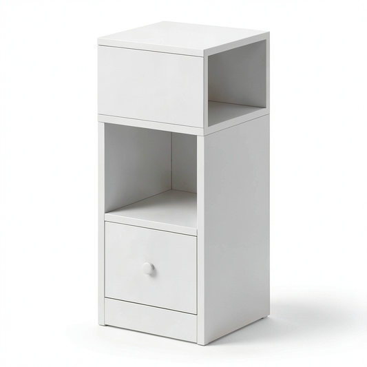 Coppia Comodini Moderni Baroni Home con Cassetto e Ripiani, Design Salvaspazio in MDF, Bianco, 25x30x66 cm