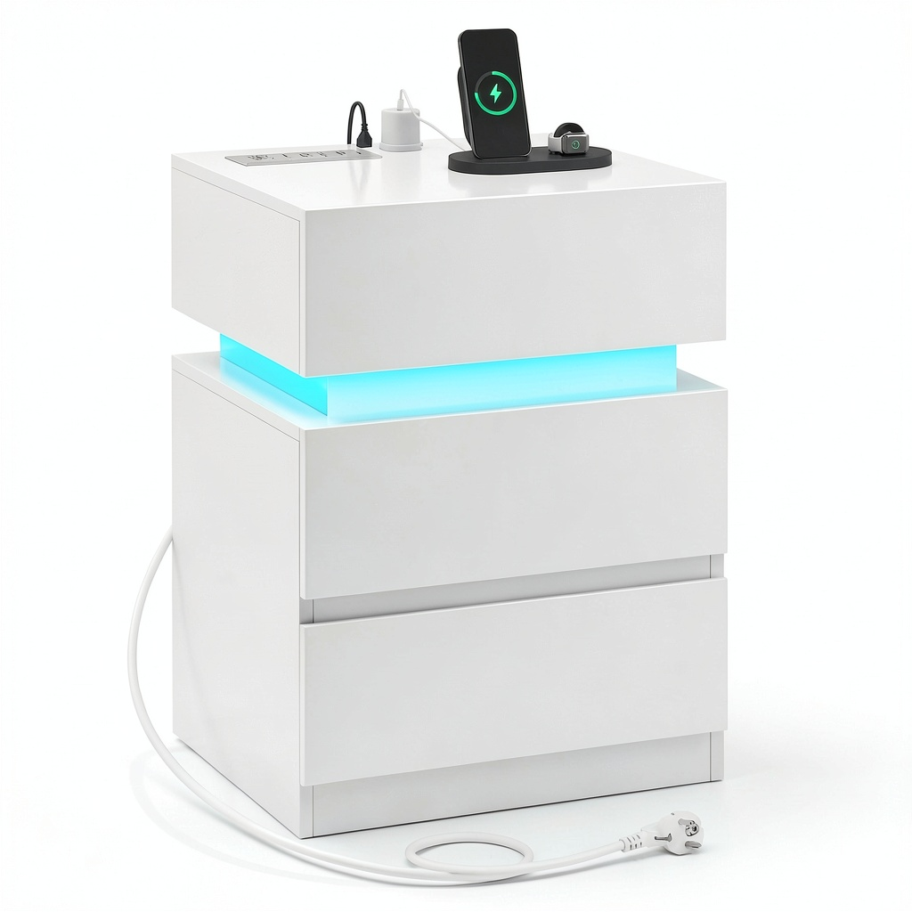 Comodini WOLTU Set 2 con USB e LED, Bianco, per Camera da Letto