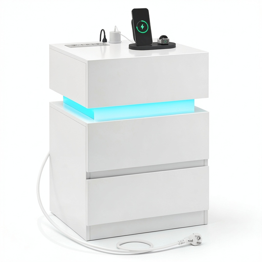 Comodini WOLTU Set 2 con USB e LED, Bianco, per Camera da Letto