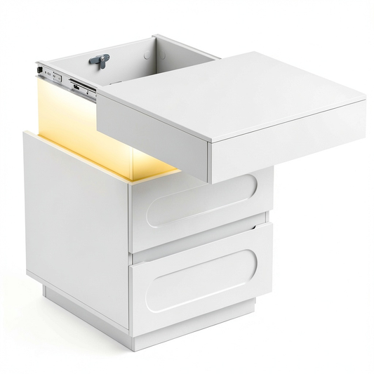 Comodino Moderno con Luce, Prese USB e Type-C, Spazio Segreto, 2 Cassetti, Bianco