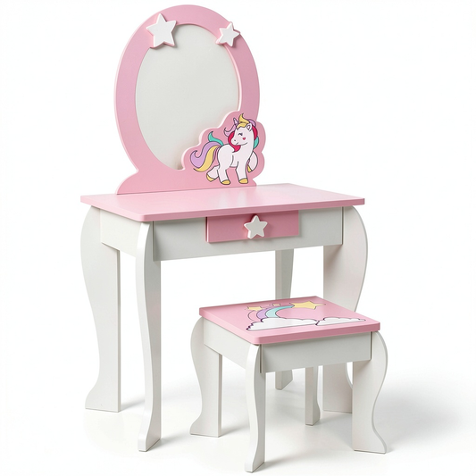 Tavolo da Trucco per Bambini con Sgabello e Specchio Rimovibile, Design in Legno con Cassetto, 49.5x35.5x89 cm (Bianco)