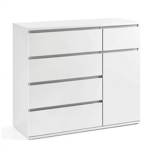 Cassettiera Moderna Bianca con 5 Cassetti e 1 Anta, Mobile Multifunzionale per Interni, 100x40x80 cm