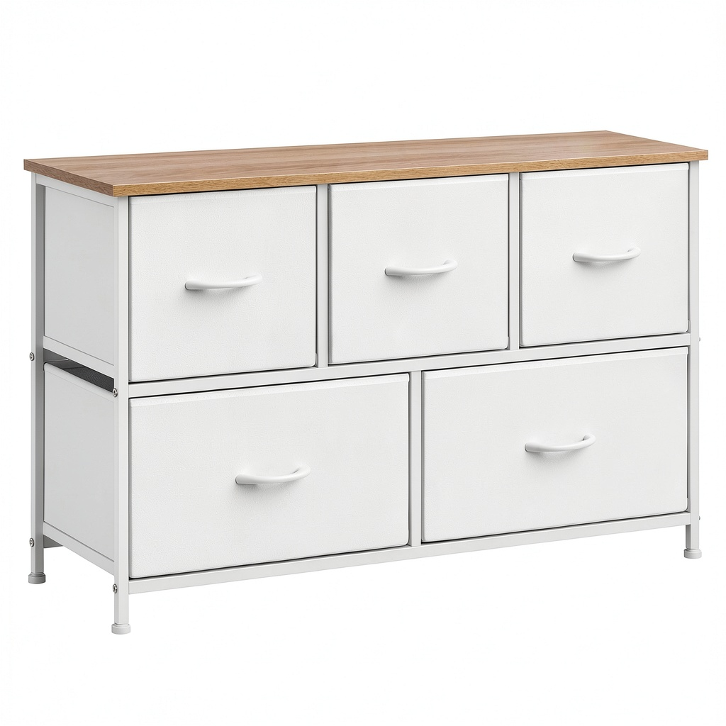 WOLTU Comò Industriale Bianco 5 Cassetti in Tessuto e Metallo 100x30x54cm