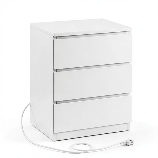 VASAGLE KAILYN - Set di 2 Comodini con Ricarica Integrata e 3 Cassetti, Prese AC e Porte USB, per Casa e Ufficio, Bianco
