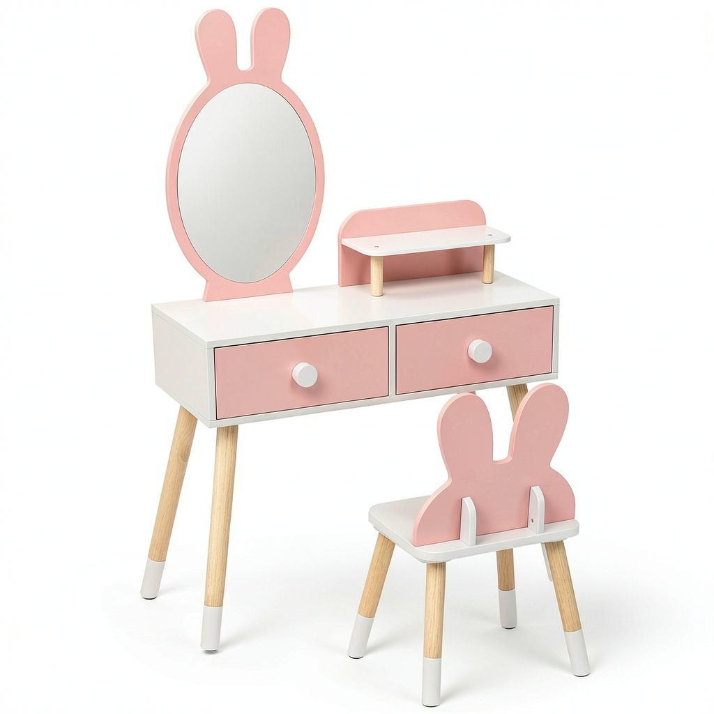 Toeletta per Bambina con Specchio a Coniglio e Sedia, Set di Trucco 3-7 Anni, Toilette in Legno con Cassetti (Rosso)