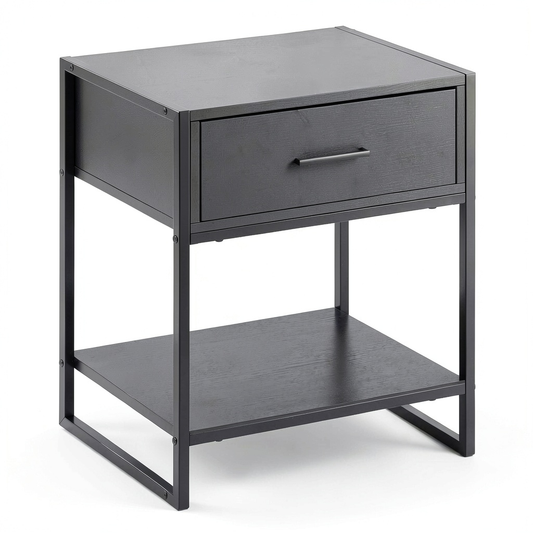 Set di 2 Comodini Moderni in MDF e Acciaio, Ideali per Camera e Soggiorno, con Cassetto e Ripiano Aperto, 45x40x60 cm, Nero