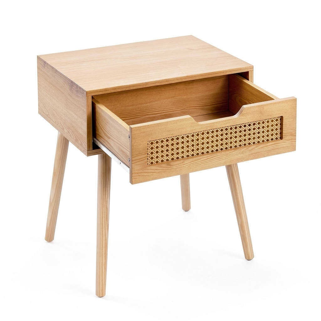 Set di 2 Comodini in Rattan con Cassetto e Gambe in Legno per Camera da Letto