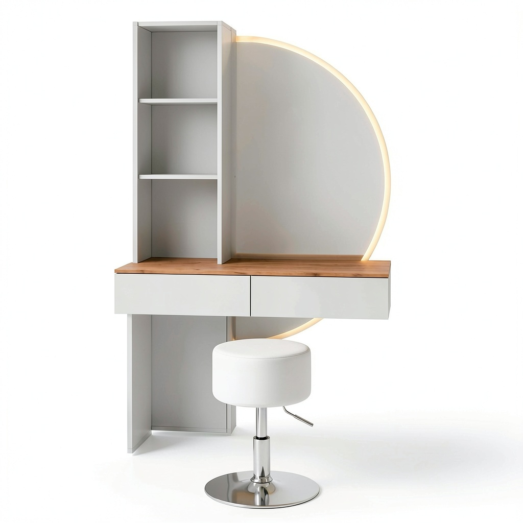 Tavolo da Toeletta Melora con Specchio LED e Sgabello, Bianco/Quercia, 100 cm