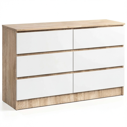 Cassettiera Moderna a 6 Cassetti per Soggiorno, Sala da Pranzo, Camera da Letto e Bagno, 120x77x40 cm, 43kg, Rovere Sonoma e Bianco