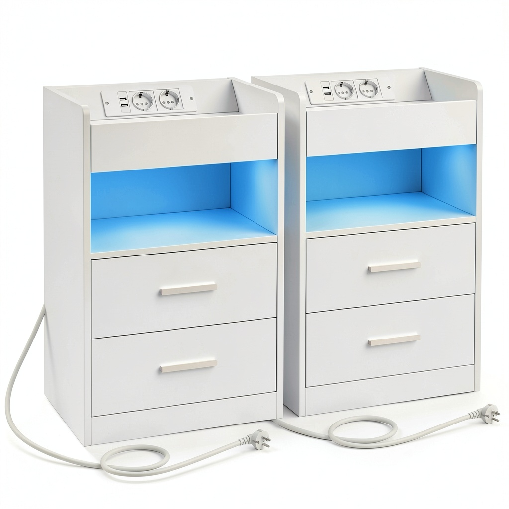 Set 2 Comodini con LED e Caricatore, 2 Cassetti, 35x40x60 cm, Bianco