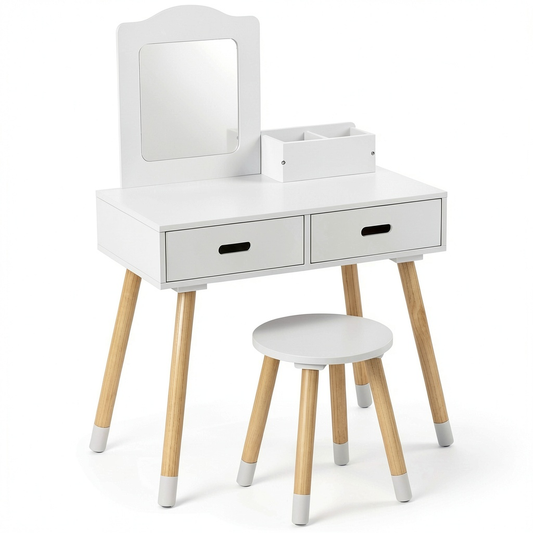 Set Toeletta per Bambini in Legno, Specchiera con Cassetti e Sgabello, Design Scandinavo Bianco e Legno