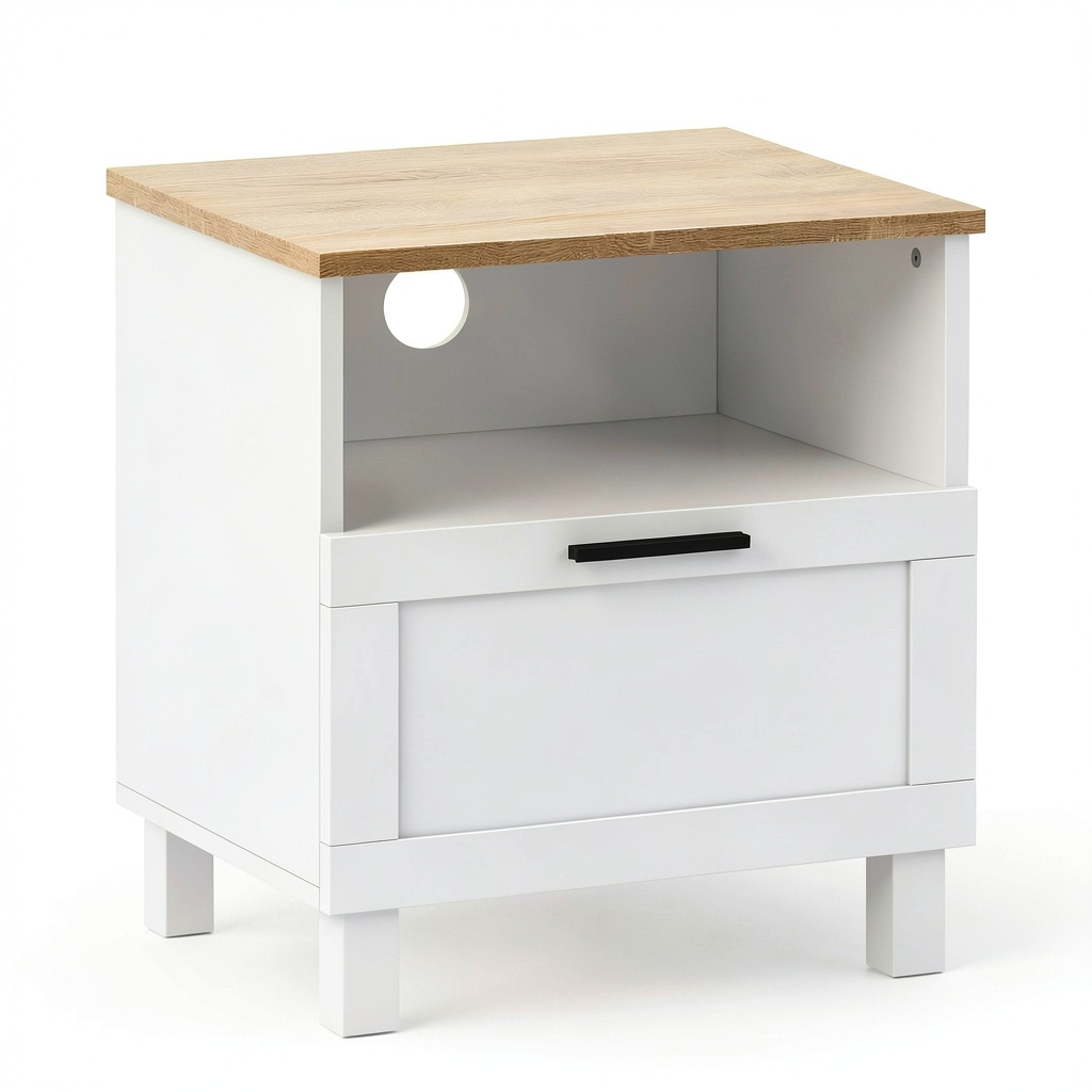 Tavolino Moderno con Cassetto e Ripiano Aperto, 45x38x50 cm, Bianco
