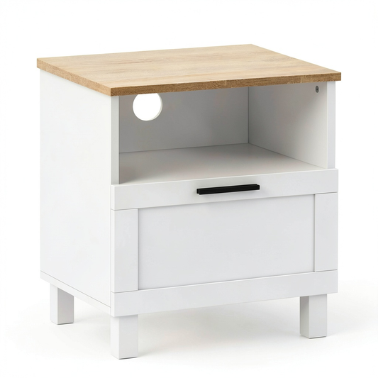 Tavolino Moderno con Cassetto e Ripiano Aperto, 45x38x50 cm, Bianco