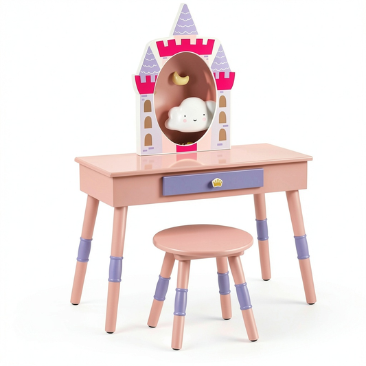 Tavolo Trucco per Bambini a Forma di Castello con Specchio e Sgabello, Legno, 74x39x101,5 CM, Carico 30/50 KG, Rosa e Viola, 3+ Anni