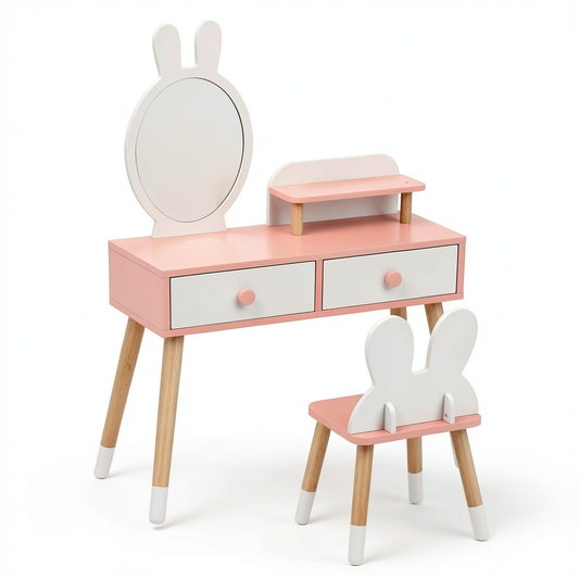 Tavolo da Toeletta per Bambini con Specchio e Sgabello, Set di Bellezza con Cassetti, Giocattolo Educativo per Bambini 3-7 Anni, Bianco