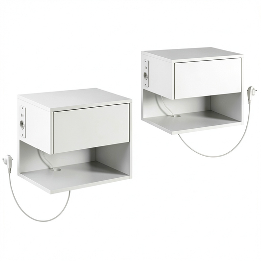 Set di 2 Comodini Sospesi Moderni con Prese e Cassetto, Bianco, 40x35x30 cm