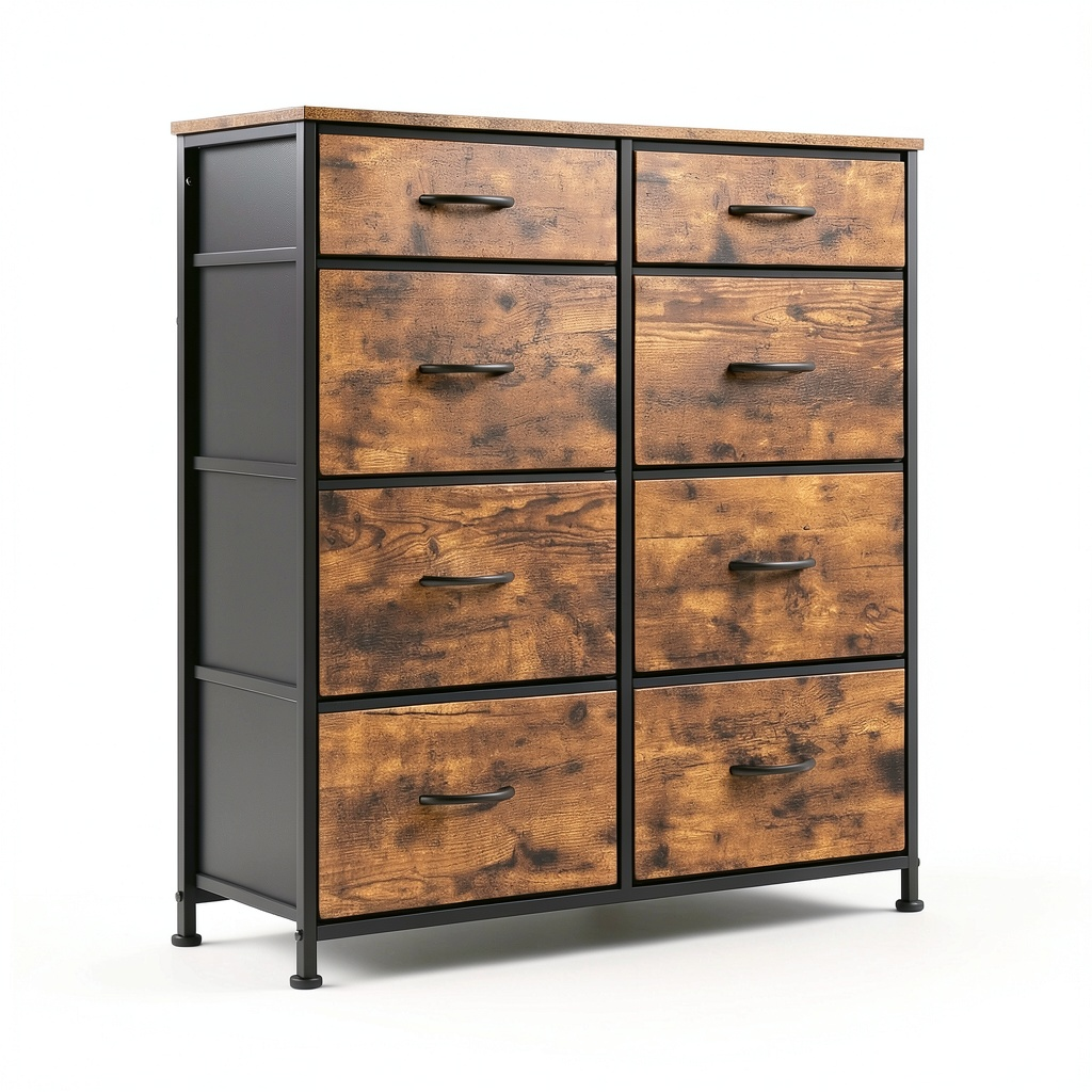 Cassettiera Vintage in Tessuto con 8 Cassetti e Struttura in Metallo, per Camera e Soggiorno, 86x30x89 cm, Marrone e Nero